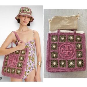 Tory Burch Pink & Green Raffia Hand Crochet Tote Bag